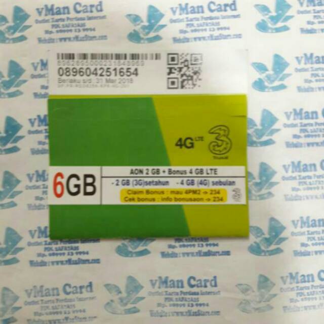 KARTU TRI AON 6GB (2GB + 4GB )