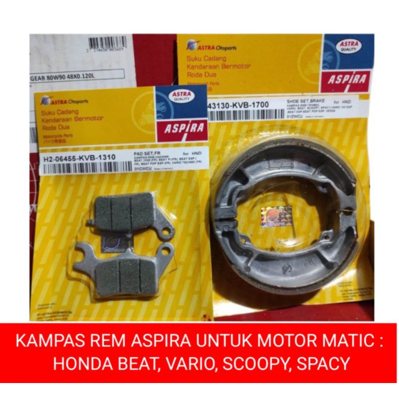 PAKET KAMPAS REM DEPAN DAN BELAKANG ASLI MERK ASPIRA (ASTRA QUALITY) UNTUK MATIC BEAT, VARIO, SCOOPY, SPACY