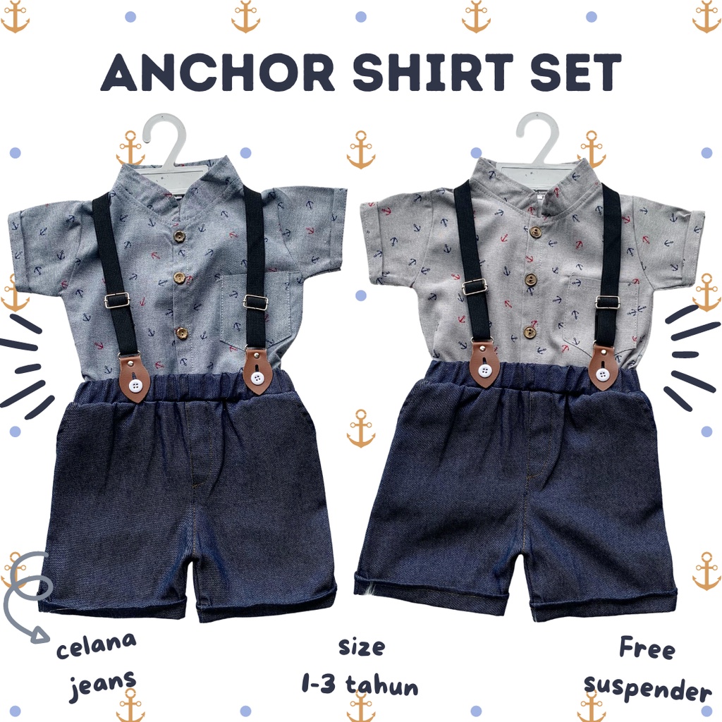 setelan kemeja anak celana chino lengan pendek ANCHOR CHECKER shirt suspender set 1-3 tahun anak laki laki baby balita cowok baju pergi adem