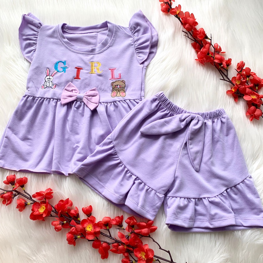 Baju setelan celana renda kaos lucu bordir gambar baby girl bayi cewek lucu kekinian pergi jalan murah -gir