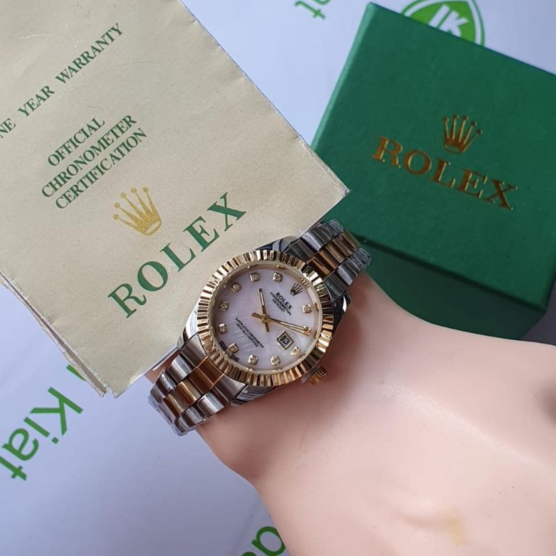 (PW)JAM TANGAN ROLEX RANTAI FASHION WANITA PLAT KERANG PUTIH & PINK FRE BOX ORIGINAL+ KARTU/PAPERBAG