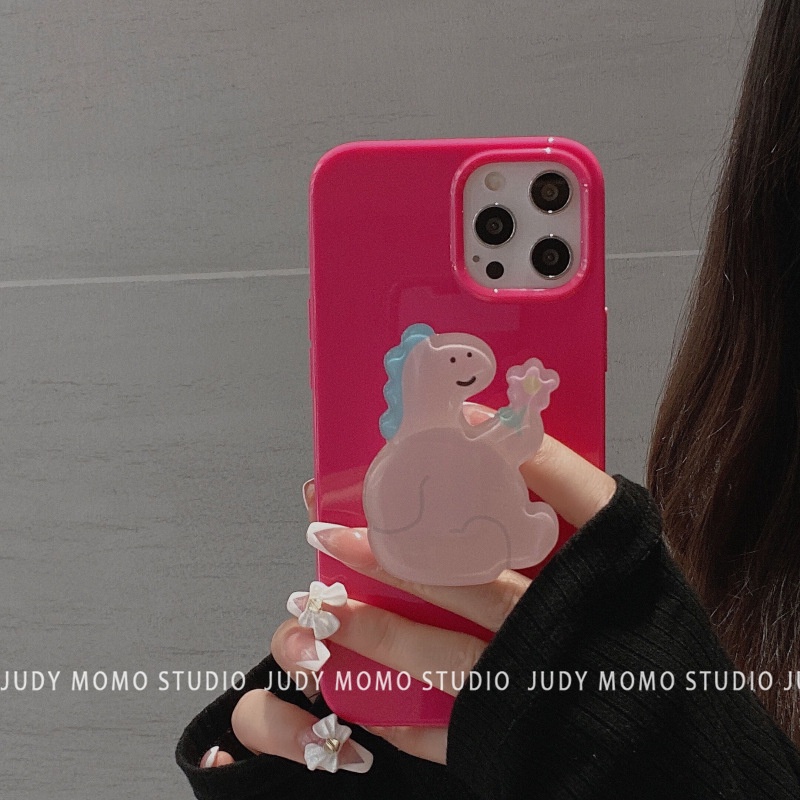 Case Pelindung Warna Merah Mawar Dengan Holder Dinosaurus Untuk Iphone 11 8 7 Plus SE2 XS XR 12 13 PRO MAX