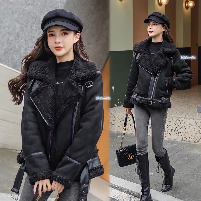 Leather coat wanita fur suede jacket Gigi import winter premium tebal hangat jacket musim dingin zara domba