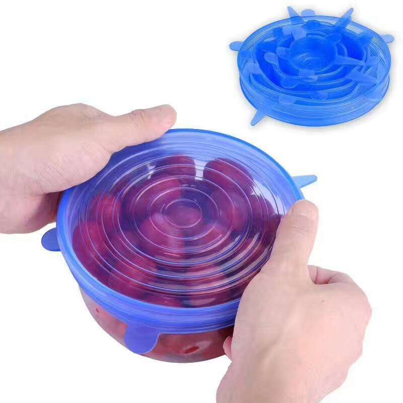 PLASTIK MANGKOK - MICROWAVE / KITCHEN REUSABLE SILICONE WRAP MICROWAVE BOWL SEAL COVER BLUE 6PCS