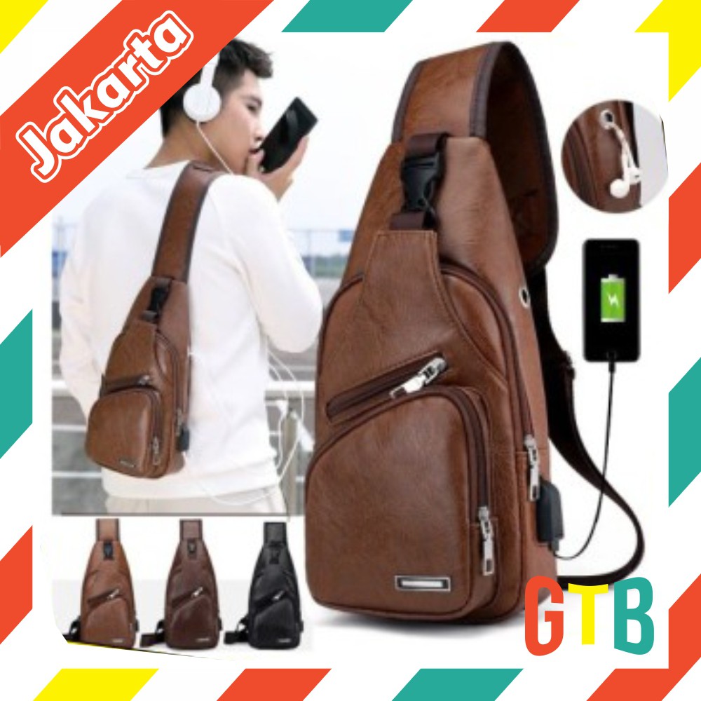 ❤️GTB❤️ P039 Tas Selempang / Slempang Pria Sling Bag Kulit USB Port Slingbag Dada Shoulder Batam COD