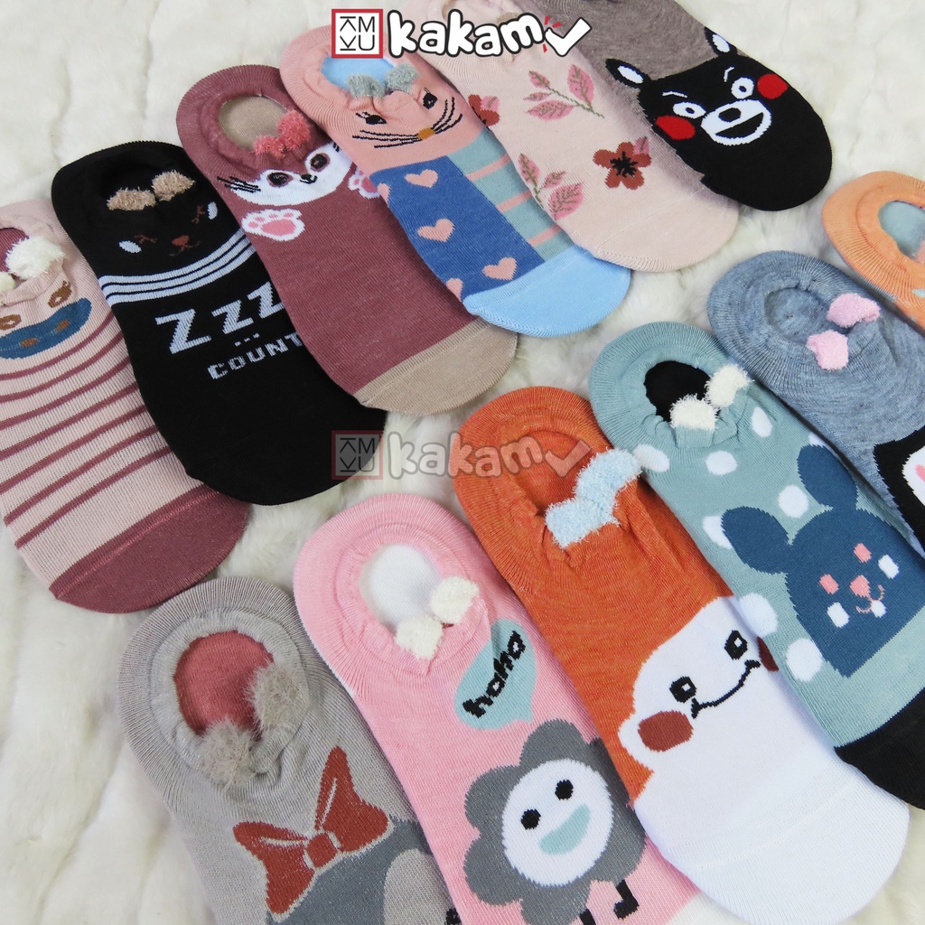 Kakamu Paket Kaos Kaki Invisible / Balet / Dibawah Mata Kaki Motif Karakter 3D Aksen Telinga Mix 12pcs