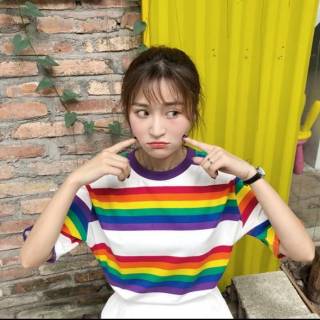 Rainbow stripes lengan pendek kaos  wanita korea  real pict 