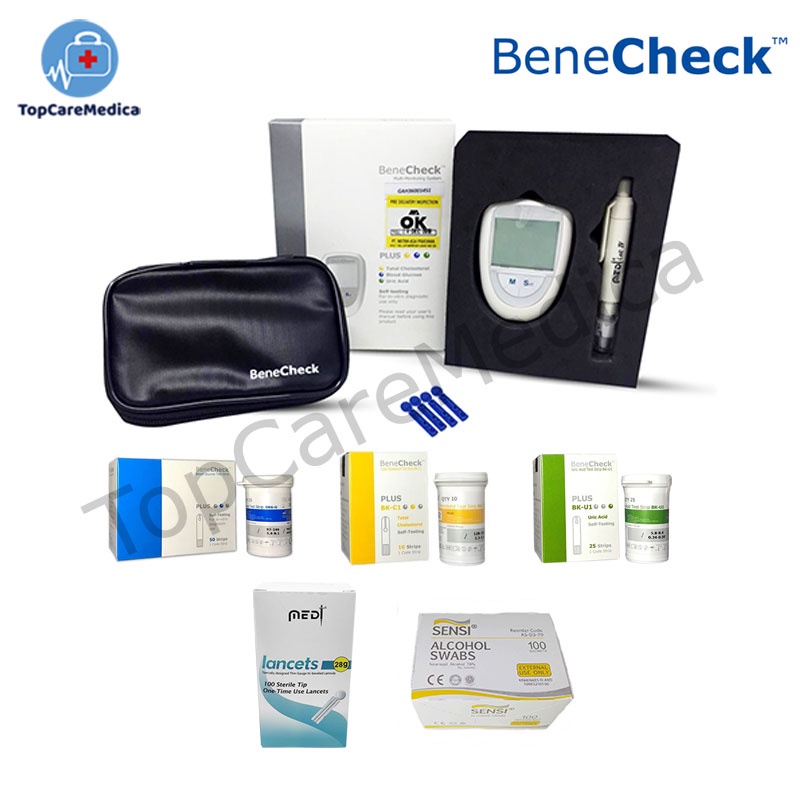 Paket Lengkap Benecheck Plus 3 in 1 + Strip + Lancet + Alcohol Swab