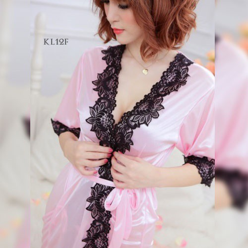 [SIAP KIRIM] BAJU TIDUR KIMONO SLEEPWEAR KIMONO SATIN PINK KL12F