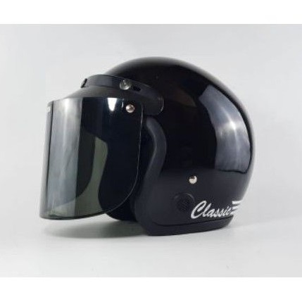 HELM BOGO STRIP CLASSIC SNI WARNA HITAM GLOSSY KACA DATAR SMOKE