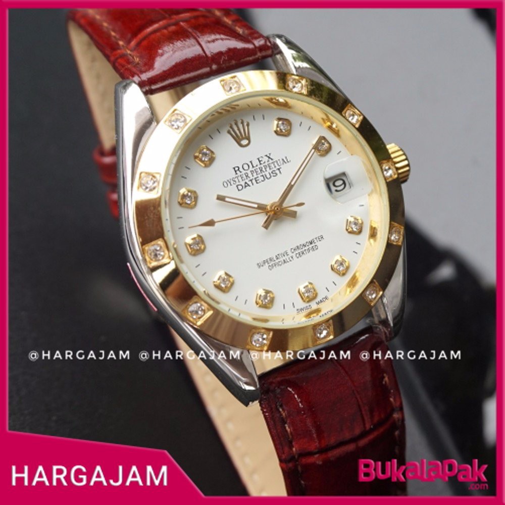 Jam Tangan Wanita Automatic Rolex R1003 Oyster Perpetual Leather Maroon hargajam matic otomatis tan