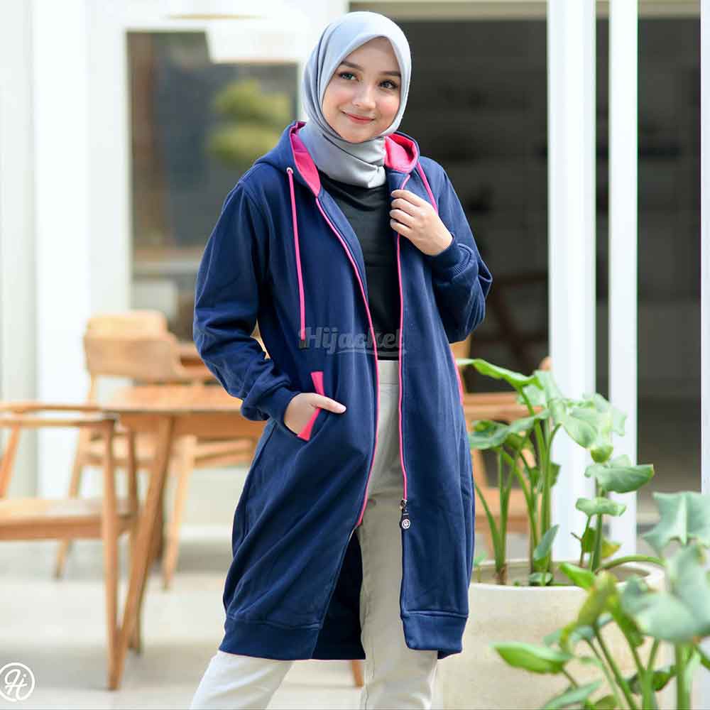 Jaket Jacket Polos Hoodie Panjang Wanita Cewek Cwe Muslimah Hijabers Kekinian Biru Navy Hijacket BC-Navy + Pink