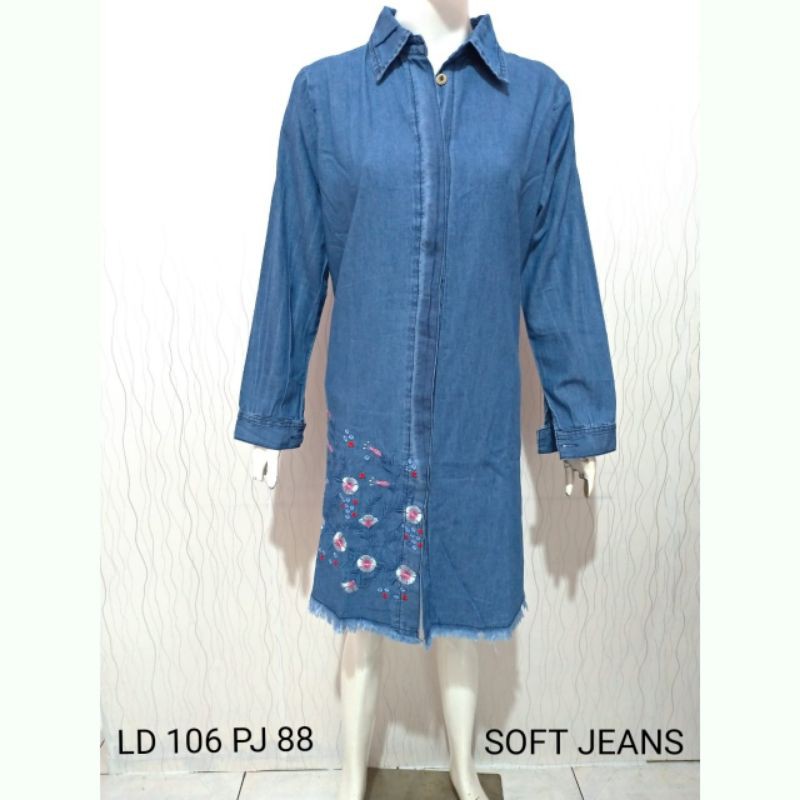 TUNIK JEANS JUMBO 2L BORDIR BUNGA / DRESS JEANS PANJANG MUSLIM / DRESS DENIM PANJANG / TUNIK DENIM