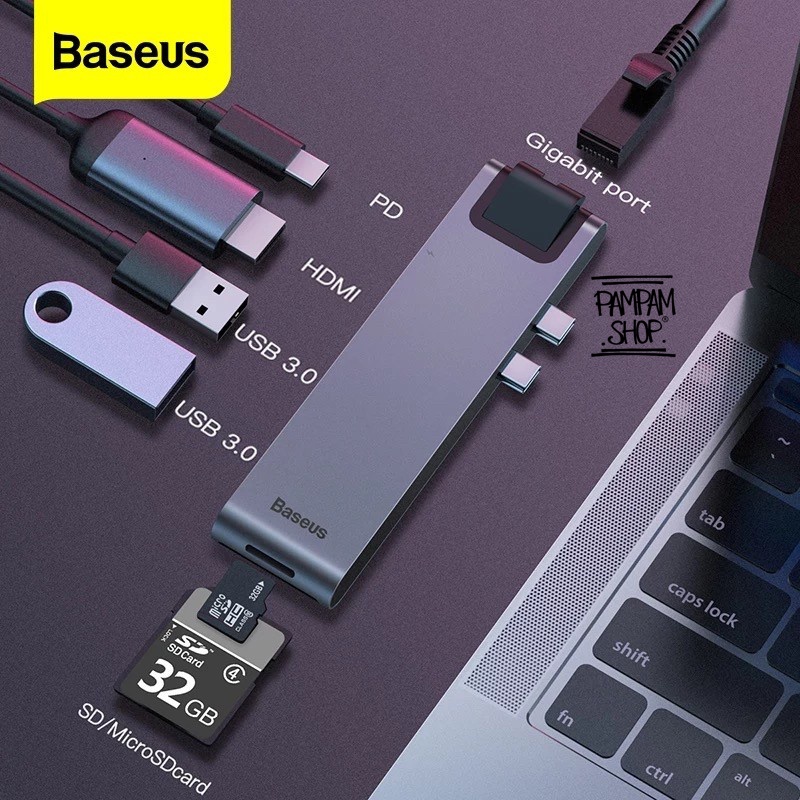 Baseus Original 7 in 1 Thunderbolt C Hub to Multi USB 3.0 PD HDMI Gigabit Port SD Ori Thunder Bolt Type C Smart Docking Station