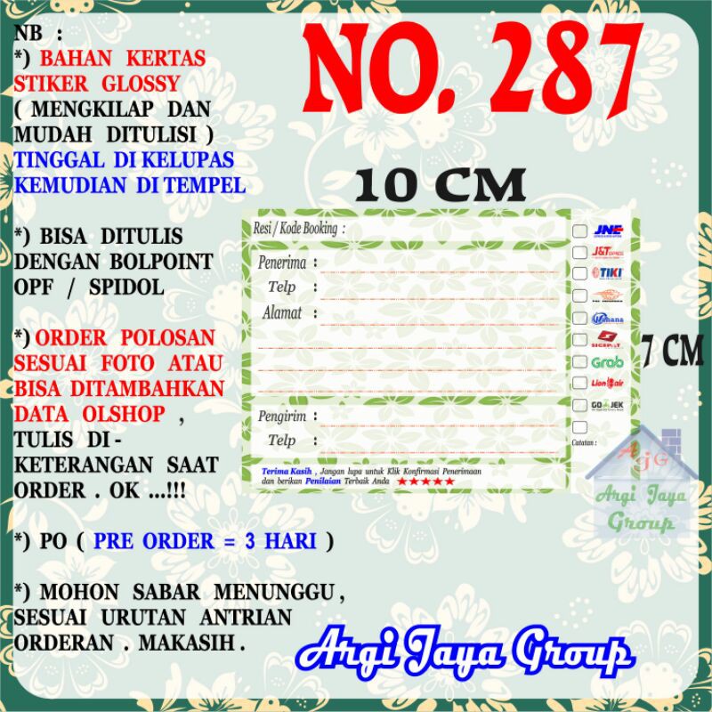 

Stiker Pengiriman - Sticker Alamat Olshop Murah Nomer 287 - 10x7 cm - Glossy