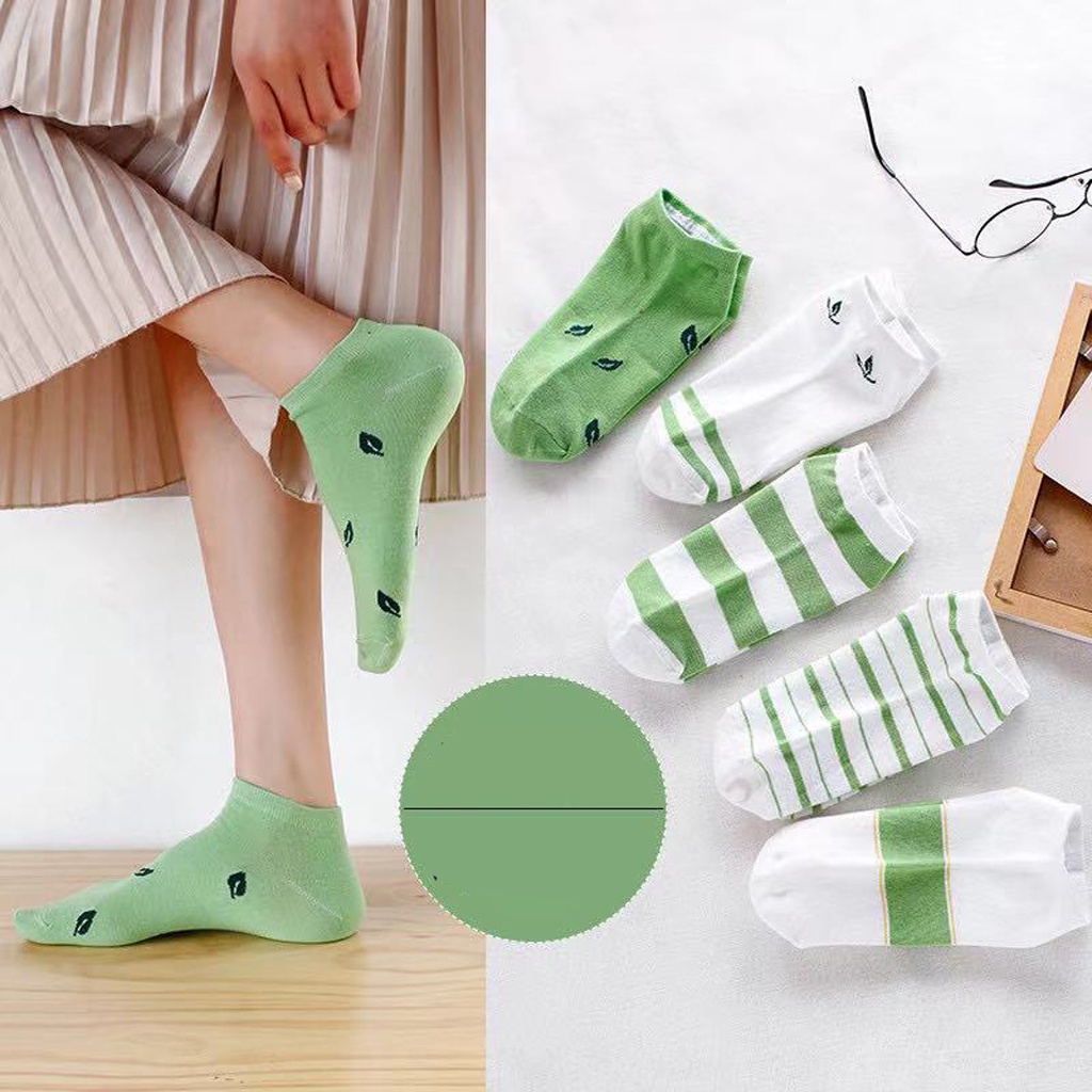 INFY - Kaos Kaki Wanita Motif Green Leaf Fashion Korea Women Sock Import Murah KK005