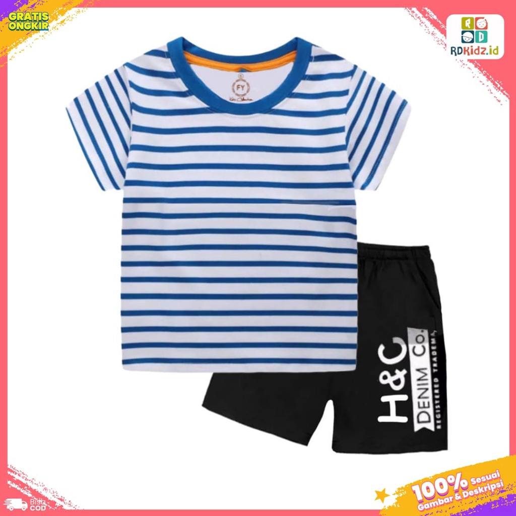 Rdkidzid Setelan Lengan Pendek Anak Set Pendek Unisex Anak Motif Salur Biru