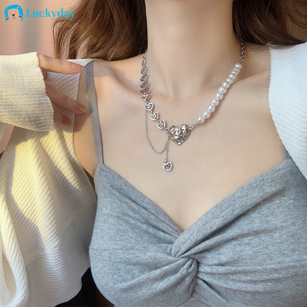 YEEZII Kalung Rantai Choker Hias Liontin Hati Mutiara Warna Silver Gaya Korea Retro Untuk Wanita