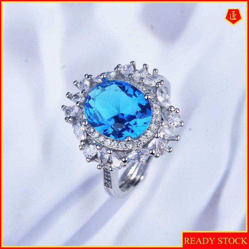 [Ready Stock]Luxury Full Diamond Natural Blue Topaz Ring