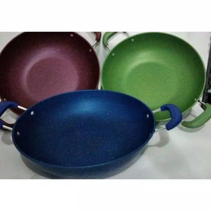 Wajan warna GSF uk 34 32 enamel marble GSF biru dan merah G2232 (32cm) G2234 (34cm) anti lengket