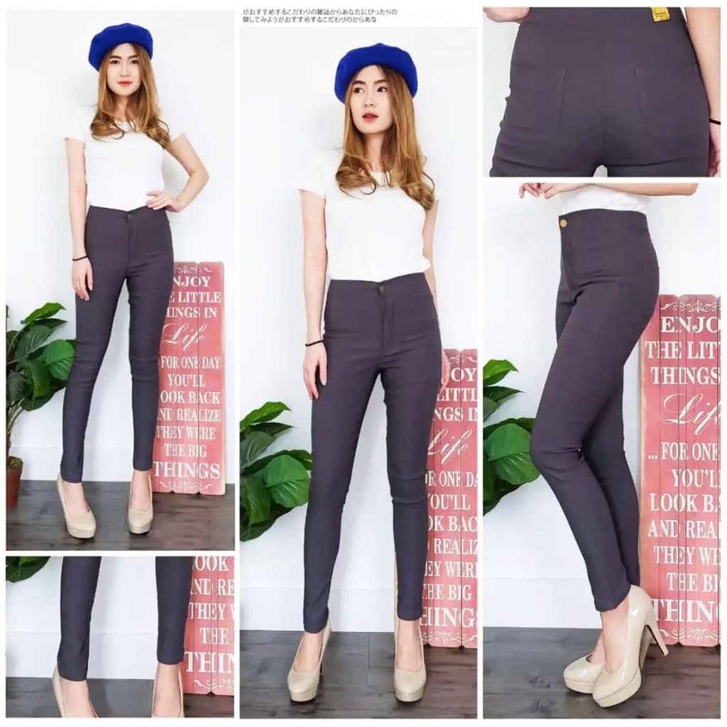 BESS - Celana Highwaist Cotton Strench Wanita - ABU TUA