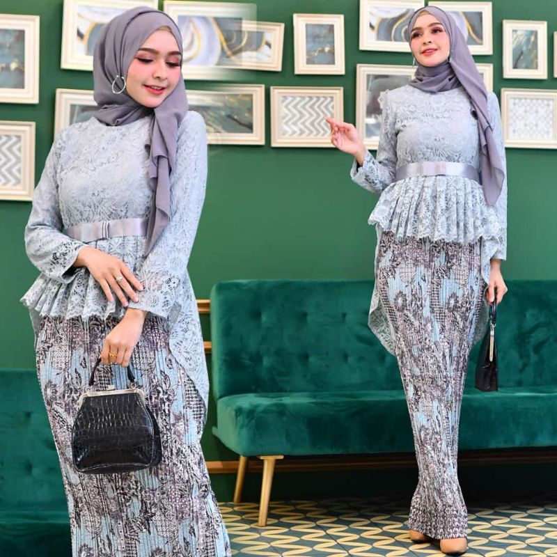 IndahKebaya | SET KEBAYA WANITA BROKAT / KEBAYA AURORA PINGUIN MODERN / BAJU WANITA MUSLIM KONDANGAN / LAMARAN AKAD PESTA KARTINIAN / HITAM NAVY GOLD DUSTY SILVER FANTA PINK