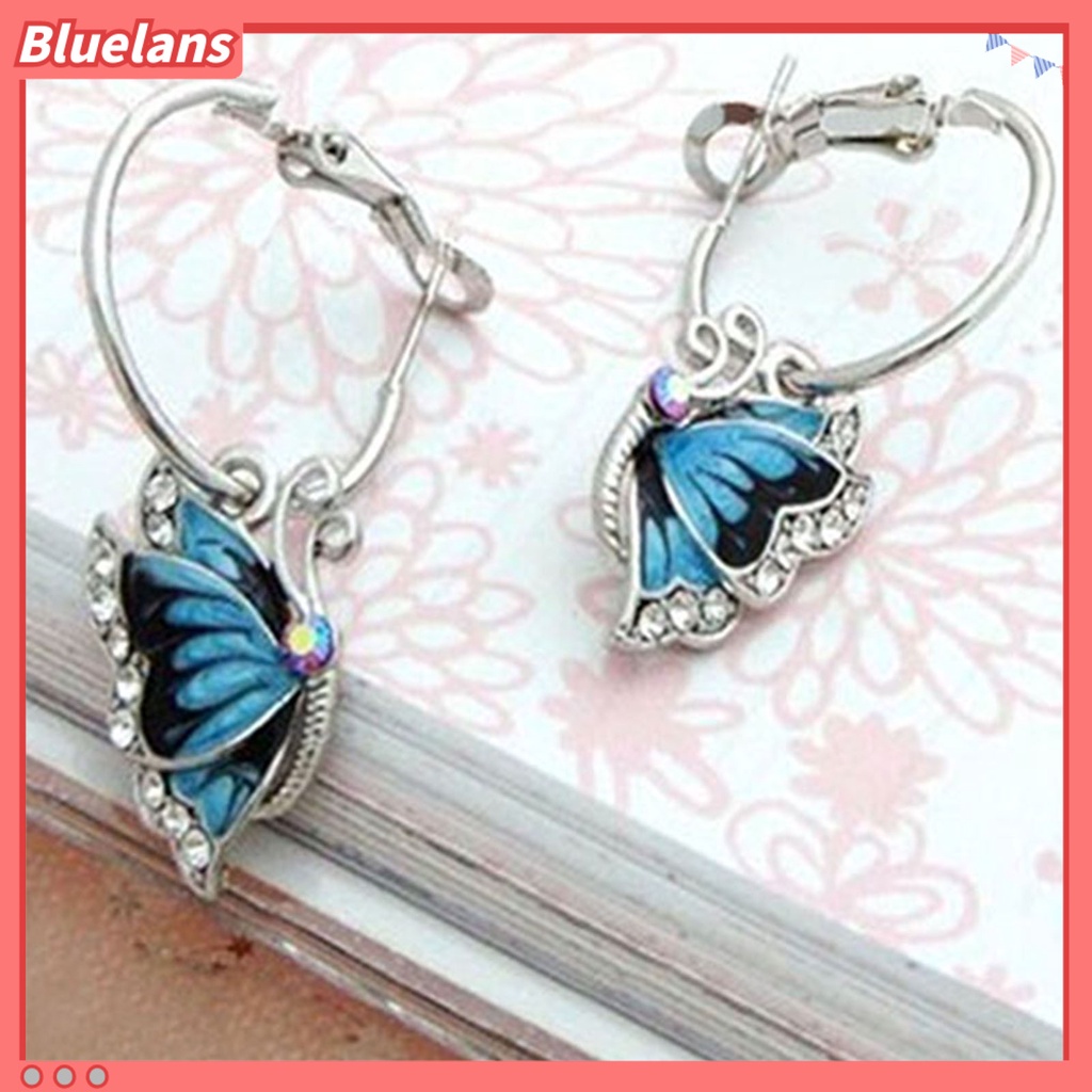 Bluelans Women 1Pair Blue Crystal Rhinestone Enamel Butterfly Dangle Hoop Earrings Earbob