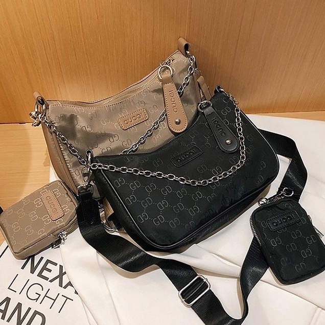 BJ213331 (2IN1) - BLACK/KHAKI - TAS SLEMPANG FREE POUCH DOMPET KECIL TALI RANTAI NYLON RINGAN TAS WANITA FASHION IMPORT MODIS ELEGAN TERMURAH TERLARIS TERBARU BAGSTORE JAKARTA TAS BATAM JTF13331 LT1854 CR7539 ZCJ4213 BQ3244