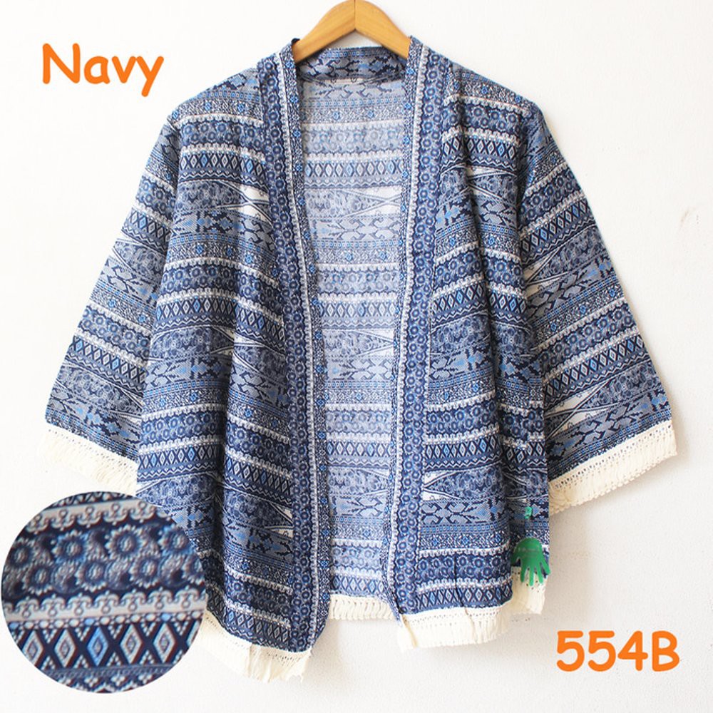 cardigan kimono tribal batik bunga matahari katun adem rumbai cream