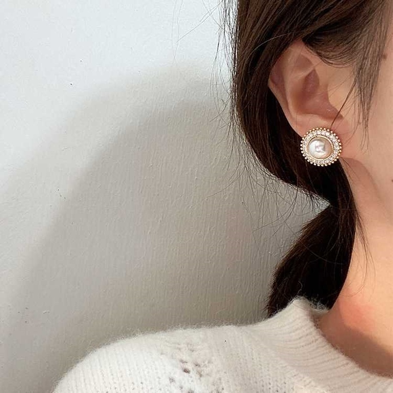 2020 Anting Tusuk Desain Geometri Bulat Hias Mutiara + Berlian Gaya Korea Untuk Wanita