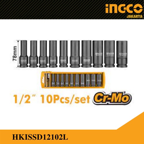 Soket Panjang 10-Pcs 1/2&quot;/ Shock Deep Impact Socket INGCO HKISSD12102L