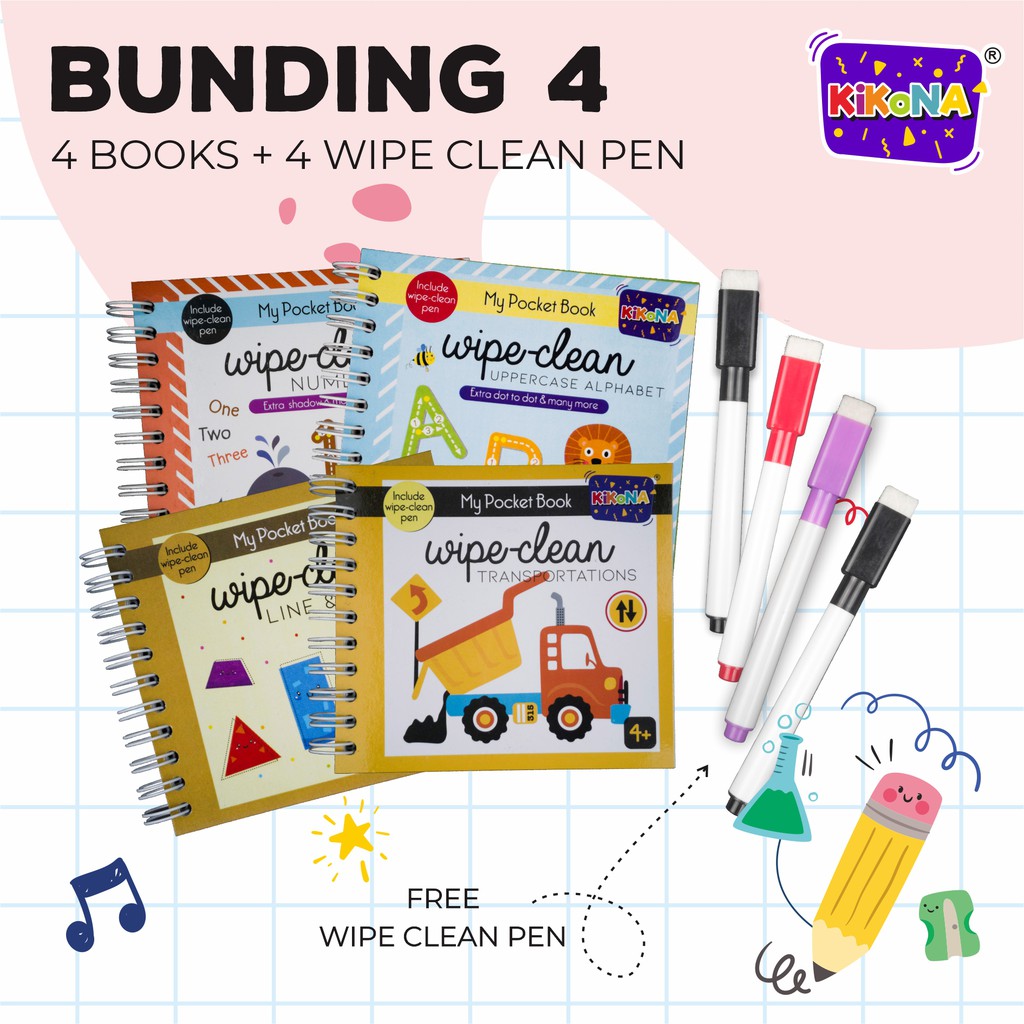 

Paket Bundling -4 BOOKS Wipe Clean Series with POUCH (FREE 4 spidol wipe clean) - buku saku