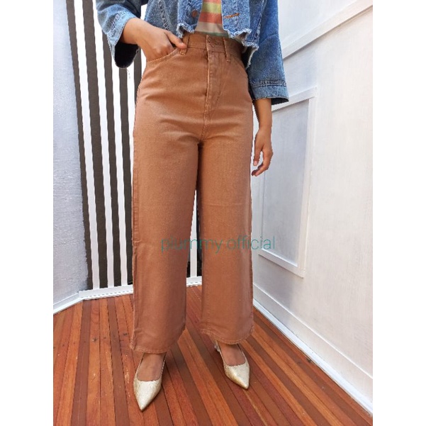 CELANA KULOT JEANS HIGHWAIST LOOSE WARNA POLOS PASTEL CHOCO  ARMY COKLAT CREAM WANITA