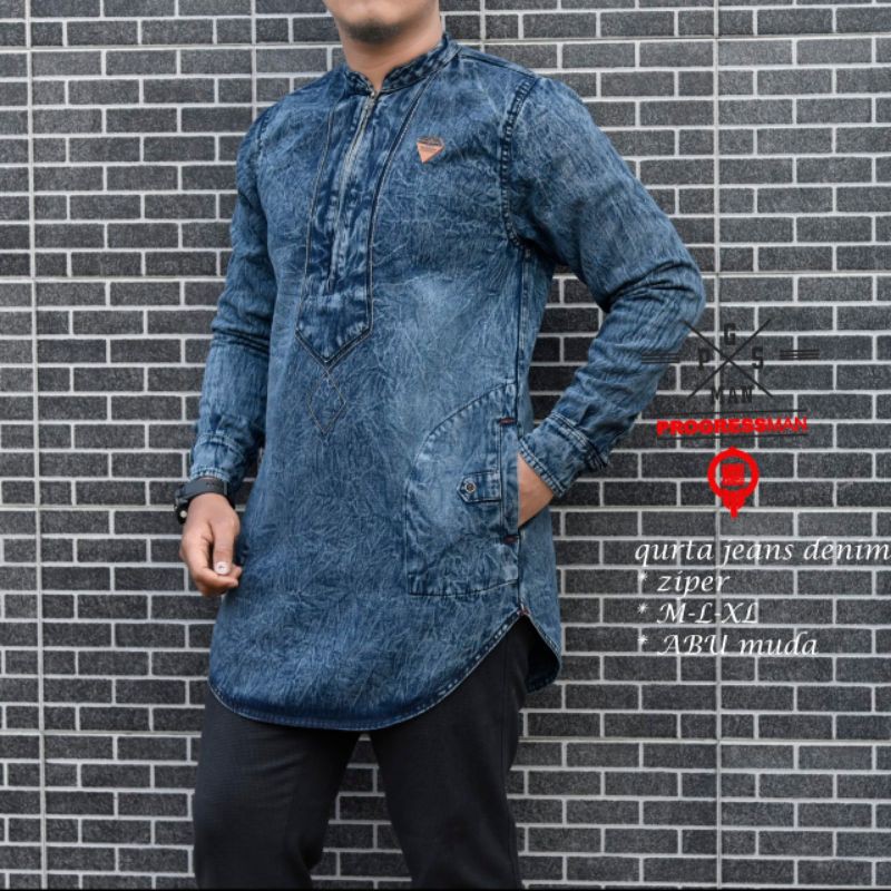 Koko denim pria lengan panjang / qurta denim ziper Pakistan premium