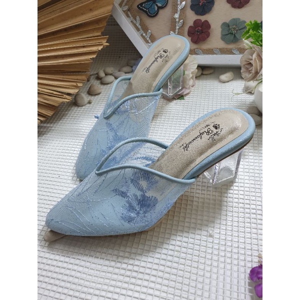 sepatu ruby babyblue tanpa payet 7cm kaca