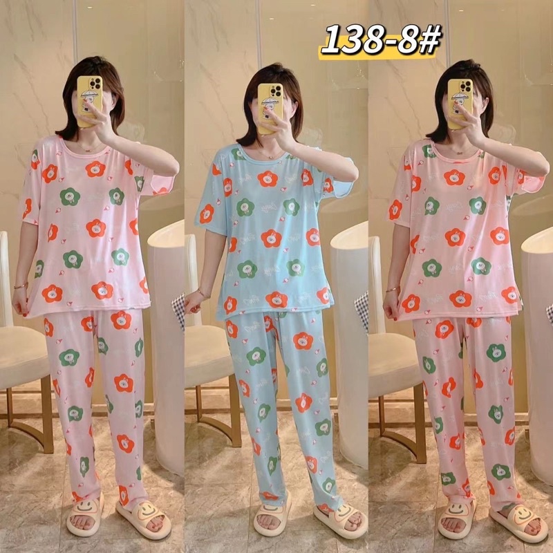 Stelan Piyama Jumbo Wanita LD 110 130 - Baju Tidur Lengan Pendek Celana Panjang Bahan Kaos Oversize 