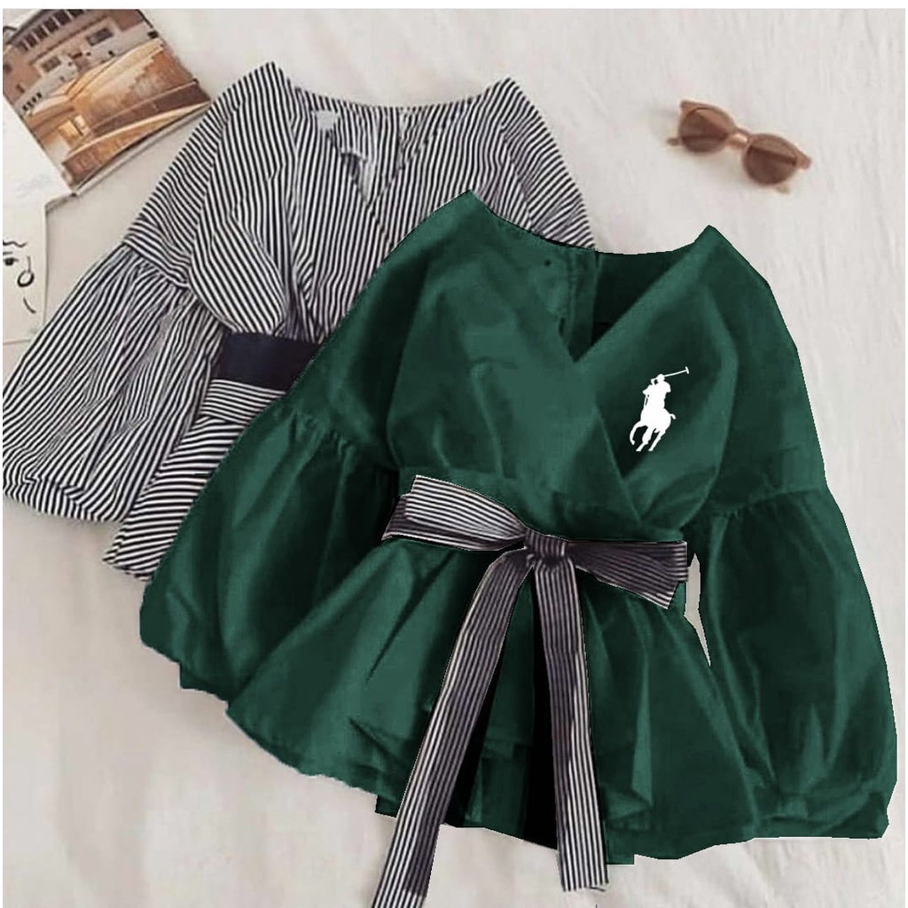 FWG - BLOUSE DAIMA / BLOUSE SALUR / BLOUSE KOREA / ATASAN TERBARU  / ATASAN WANITA-HIJAU POLOS POLO