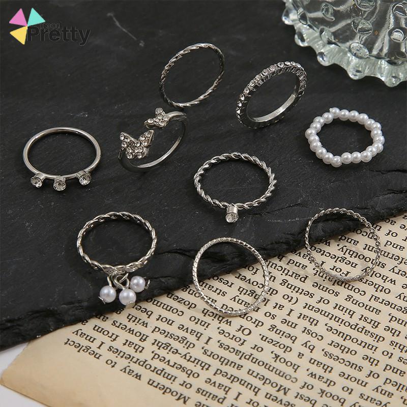 9PCS Set Cincin Wanita Tipis Berongga cincin Mutiara Kristal Kupu-kupu Berlian Premium Knuckle Ring