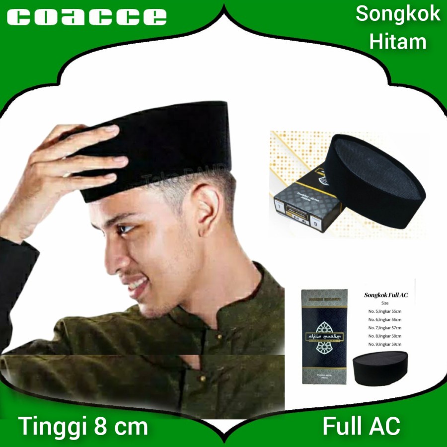 SONGKOK HITAM POLOS FULL AC TINGGI 8CM