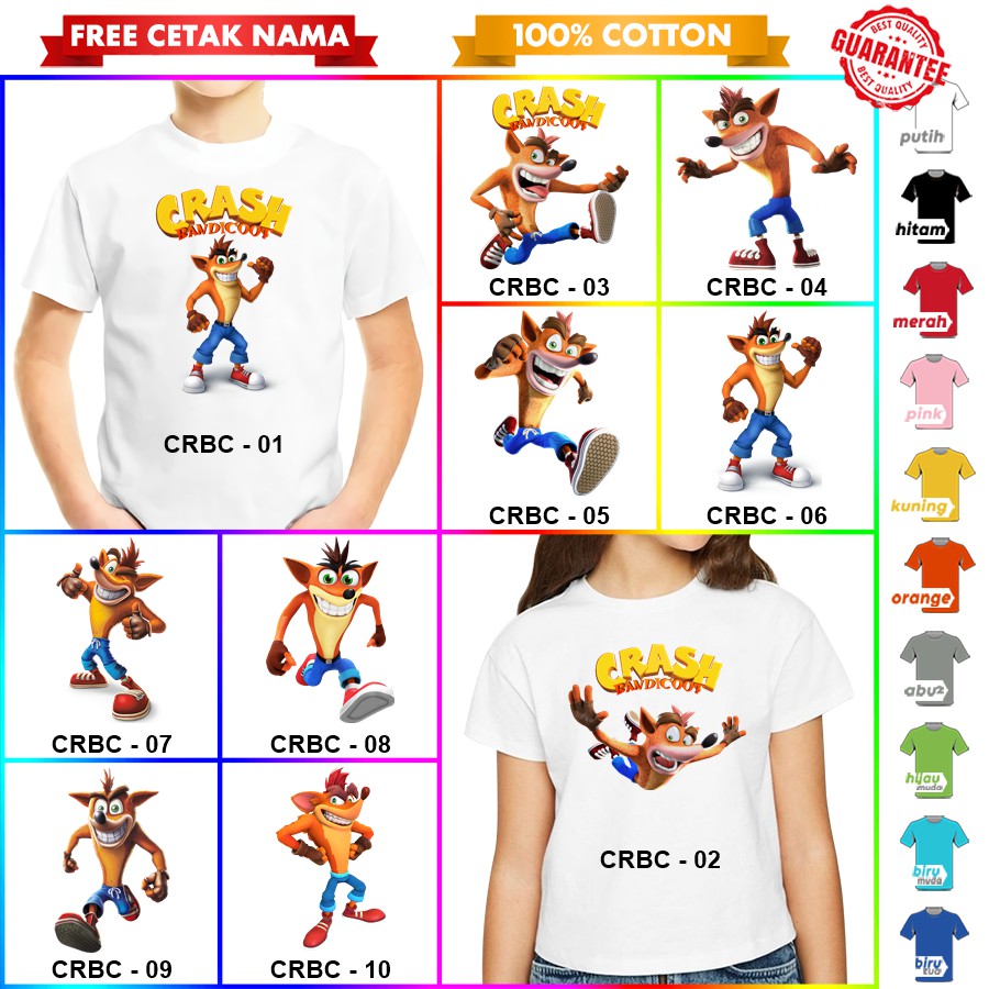 [FREE NAMA!!] Baju Kaos COUPLE  ANAK DAN DEWASA CRASH BANDICOOT BANYAK MOTIF