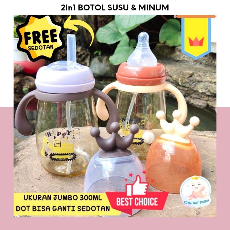 PROMO 2in1 Botol Susu dan Botol Minum 300ml Crown Free Sedotan Premium