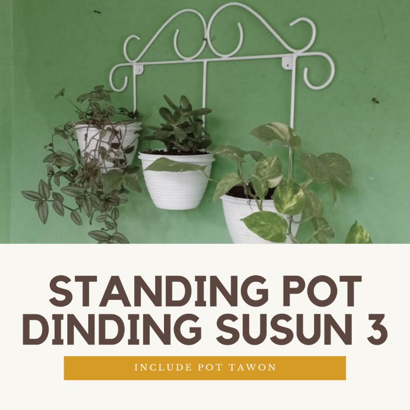 Standing Pot Dinding 3 + BONUS POT / Rak Bunga Besi Tempel Dinding Minimalis