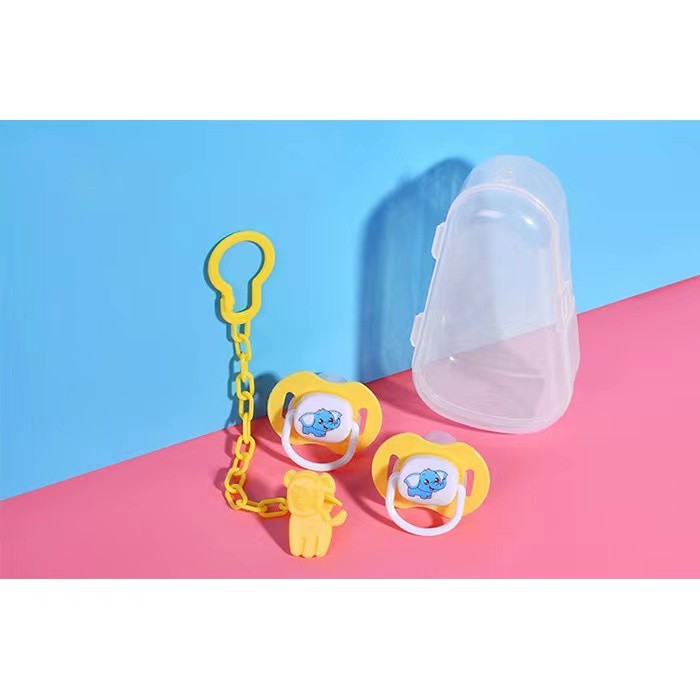 MOMMYCARE Dot Anti Jatuh / Tali Dot Baby / Dot Dengan Kotak Silikon / Empeng Rantai / Pacifier Bayi + Box-#A56 Kuning