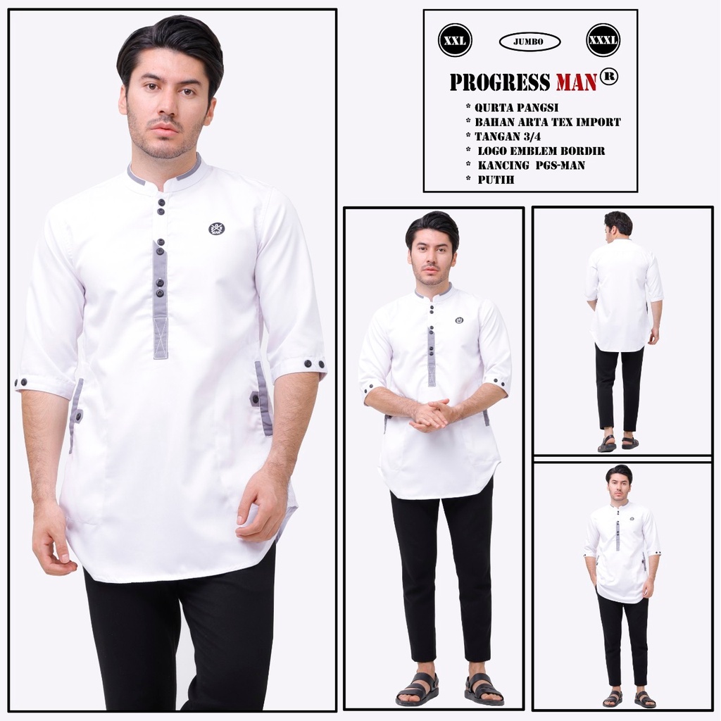 PROGRESS MAN baju koko pria lengan tiga perempat koko kurta pangsi  kemeja koko pria lengan tiga perempat koko kurta pangsi  baju kurta pangsi dewasa logo bordir Putih P4N9S304