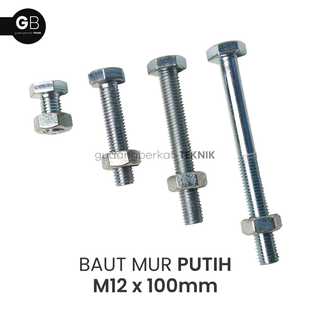 Baut Mur Putih M12x100 / BMP 12x100 (100mm) / Baut M12 Putih Kunci 19