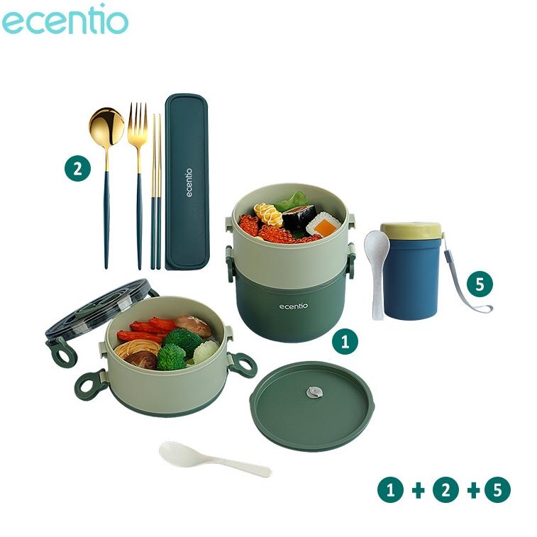 ecentio 2200ml lunch box set 3 lapis anti bocor kotak makan  sendok/botol/tas bekal/alat makan H0Z1