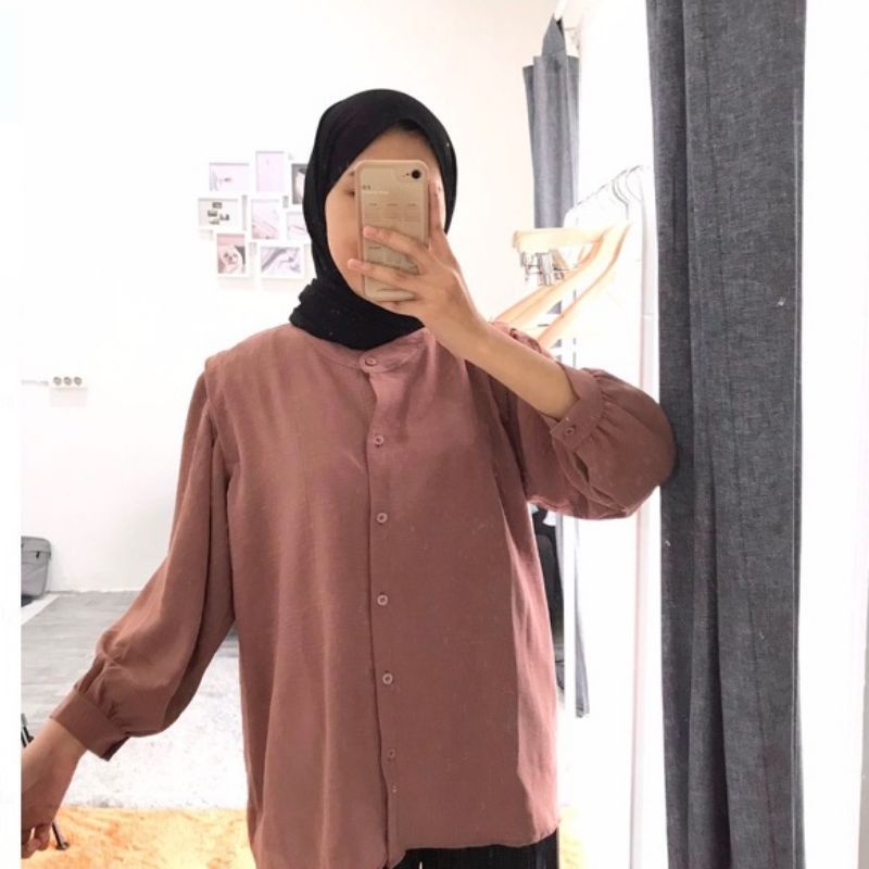 Aisa Blouse Crinkle Fit to XL Premium Kemeja Formal Kerja / River Blouse Crinkle Krah Sanghai Kemeja Wanita Polos-AISA PEANUT
