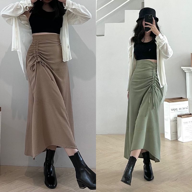 Rok Serut Crinkle Casual Flowy - Tamara Skirt - Midi Maxi Ruched Skirt - Rok