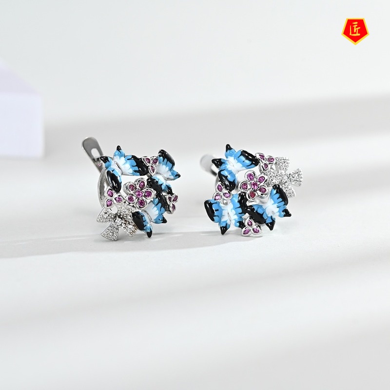 [Ready Stock]Three Butterfly Micro-Inlaid Gem Earrings Enamel Ring Set