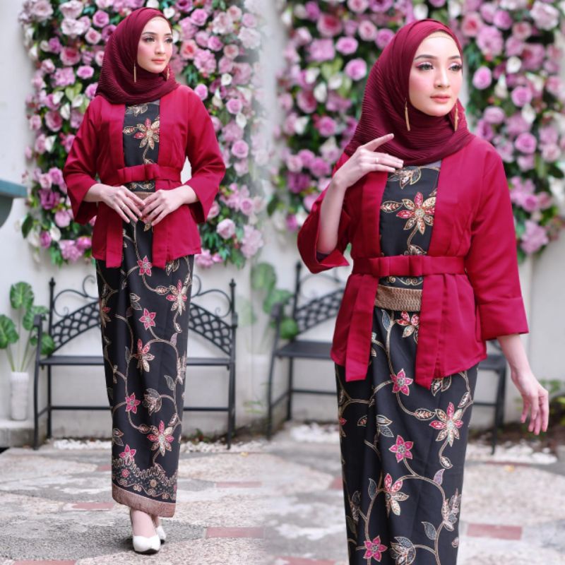 IndahKebaya | SET KEBAYA ELNIRA KUTU BARU DAN ROK LILIT BATIK JUMBO / KEBAYA KUTUBARU MODERN / SET PAKAIAN WANITA TERBARU / KEBAYA HITAM MAROON SILVER DUSTY PINK FANTA NAVY MOCCA